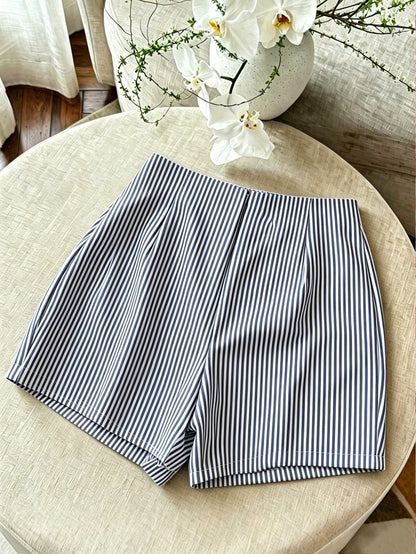 Franclia Blue And White Vertical Striped Knot Metal Buckle High Waist Skirt Shorts Women's Design Asymmetrical Wrap Striped Suit Shorts French Metal Buckle Decor High Waist A-Line Striped Skirt