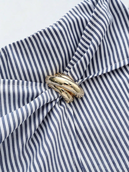 Franclia Blue And White Vertical Striped Knot Metal Buckle High Waist Skirt Shorts Women's Design Asymmetrical Wrap Striped Suit Shorts French Metal Buckle Decor High Waist A-Line Striped Skirt