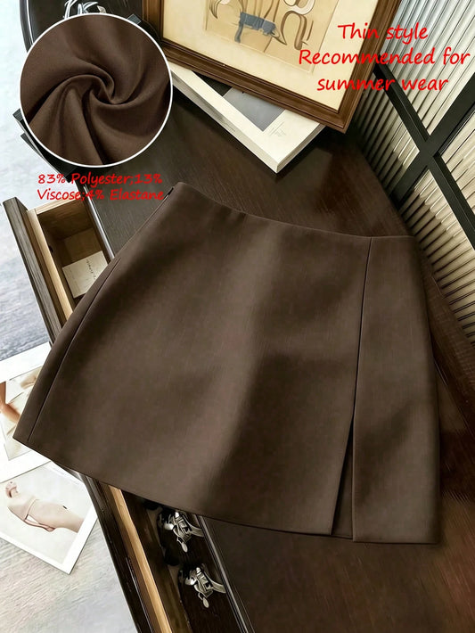 Franclia Elegant Brown Winter Skirt For Office,Business Commute,Vintage Side Slit Solid Color Mini Skirt,Casual Street Style Fashion For Spring Summer