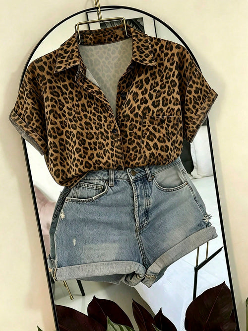 Franclia Elegant Leopard Print Asymmetrical Hem Casual Vacation & Commute Women Shirt