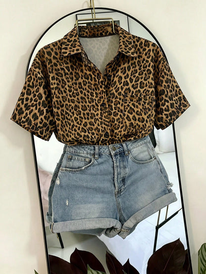 Franclia Elegant Leopard Print Asymmetrical Hem Casual Vacation & Commute Women Shirt