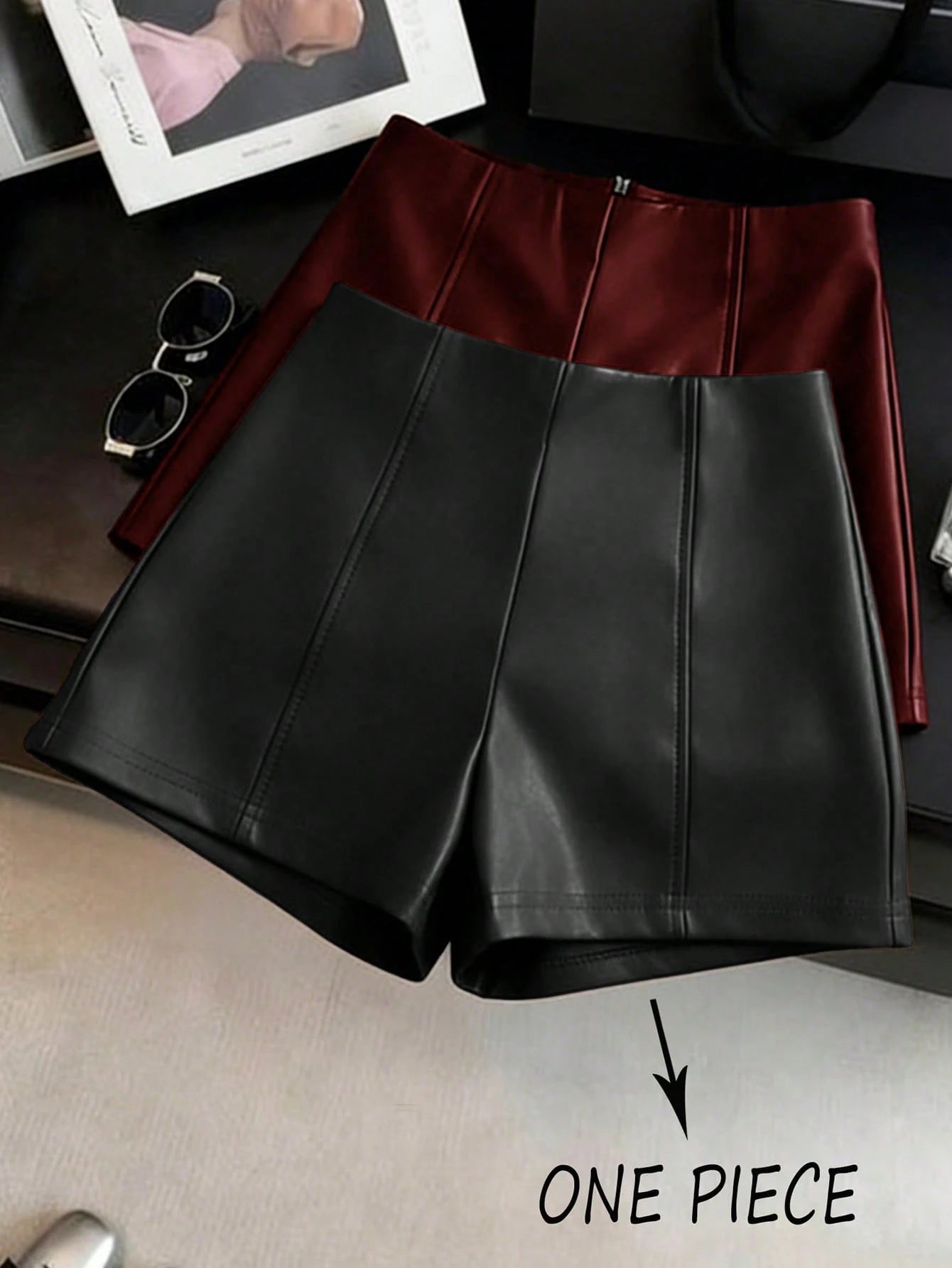 Franclia Fashionable Refined PU Leather Cinched Waist Women Shorts