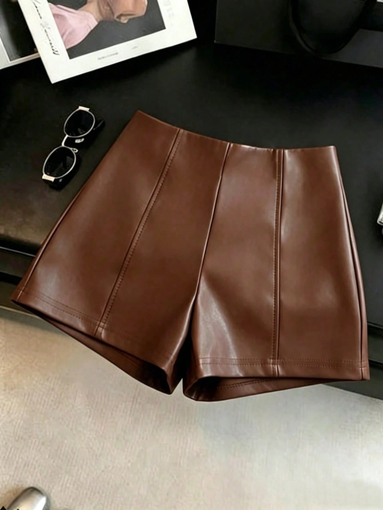 Franclia Fashionable Refined PU Leather Cinched Waist Women Shorts