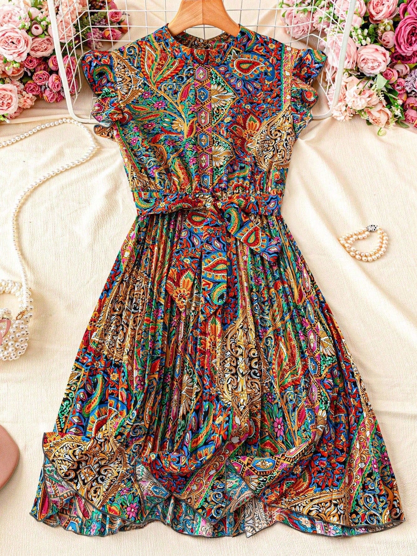 Franclia Floral Print Stand Collar Pleated Waist Vacation Dress