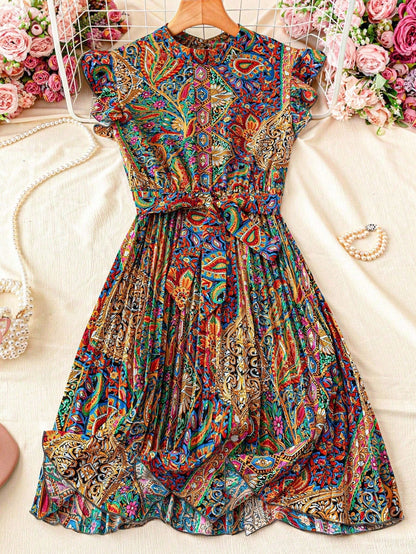 Franclia Floral Print Stand Collar Pleated Waist Vacation Dress
