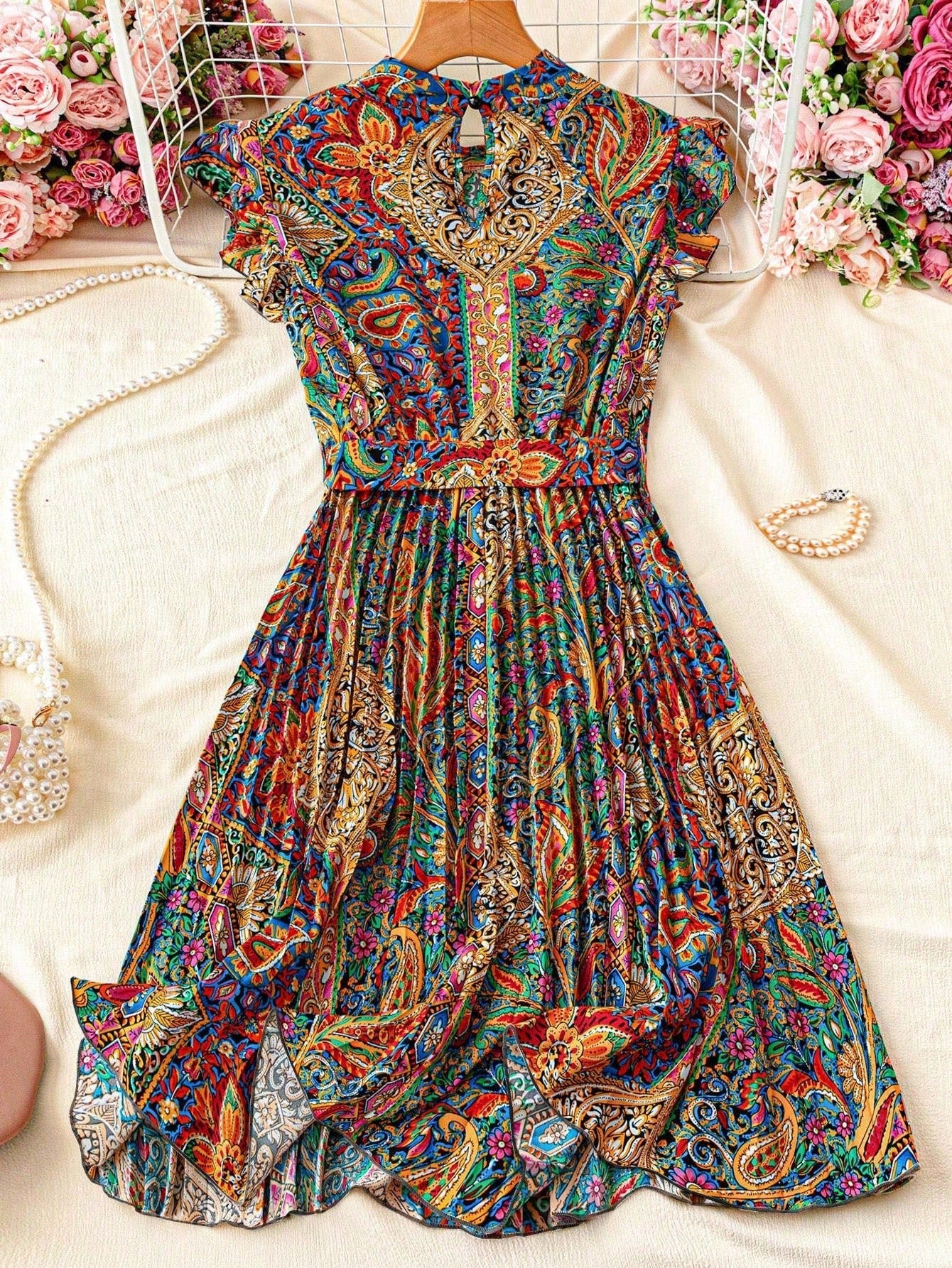 Franclia Floral Print Stand Collar Pleated Waist Vacation Dress