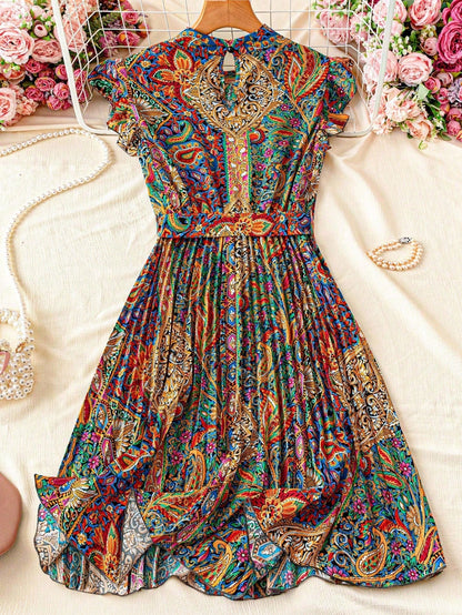 Franclia Floral Print Stand Collar Pleated Waist Vacation Dress