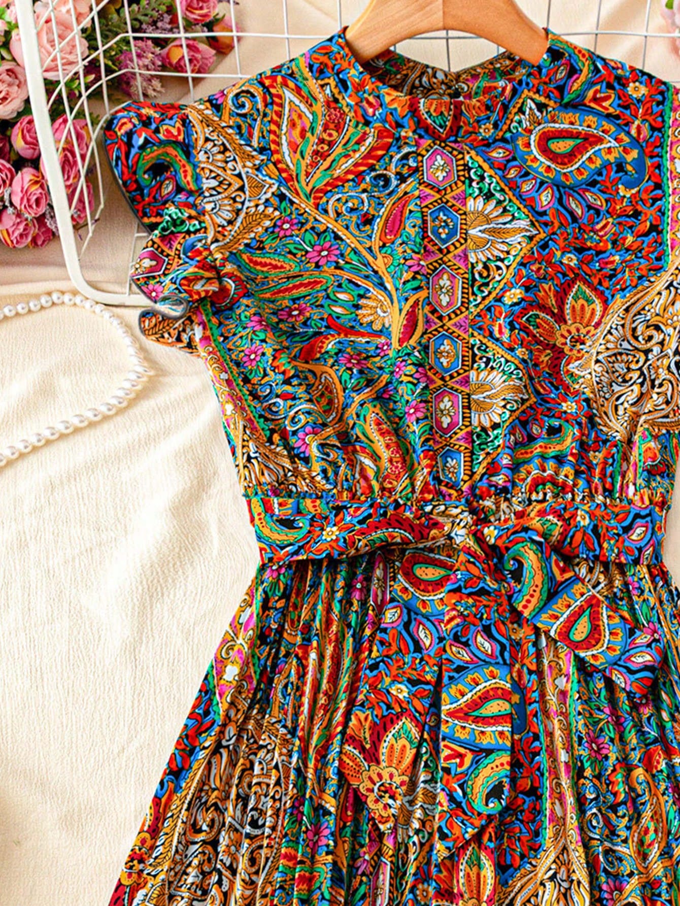 Franclia Floral Print Stand Collar Pleated Waist Vacation Dress