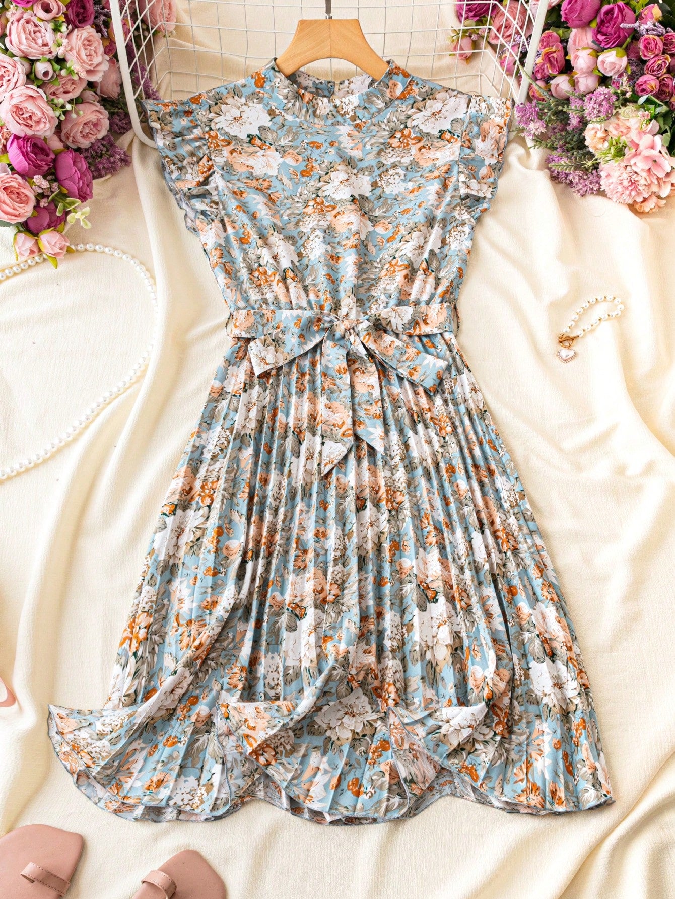 Franclia Floral Print Stand Collar Pleated Waist Vacation Dress