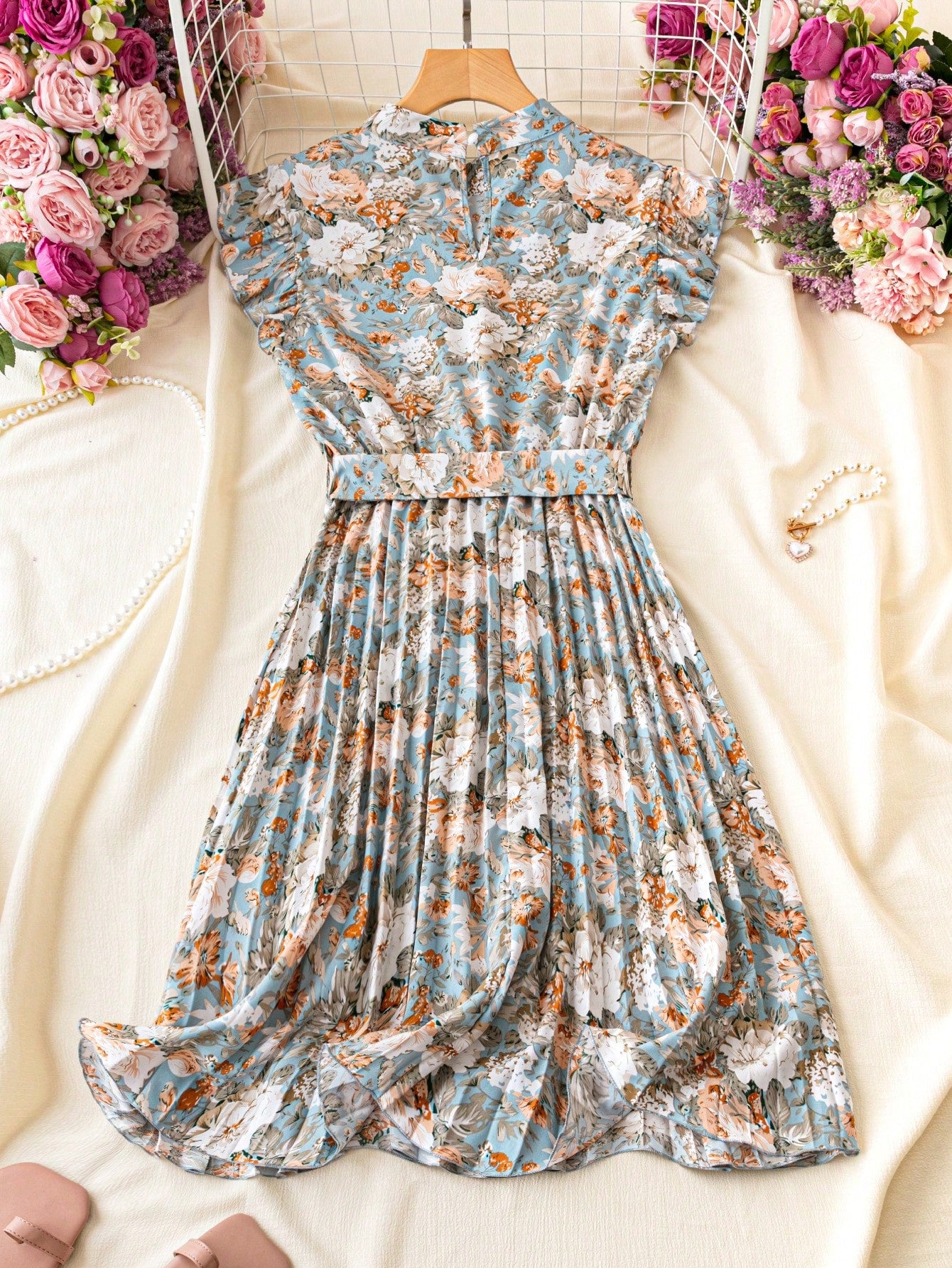 Franclia Floral Print Stand Collar Pleated Waist Vacation Dress