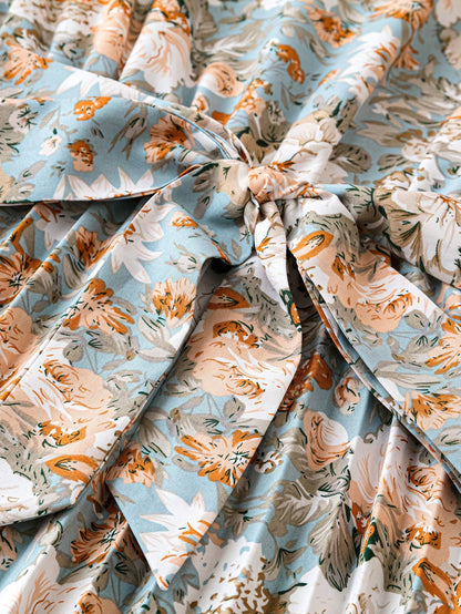 Franclia Floral Print Stand Collar Pleated Waist Vacation Dress