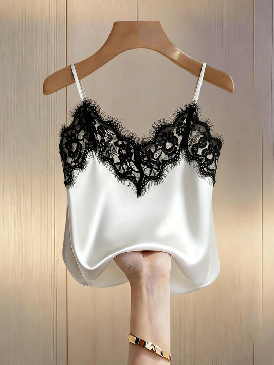 Franclia Sexy Fitted Lace Patchwork Satin Camisole Top, Summer Beach Vacation Casual Travel Chic Vest For Women
