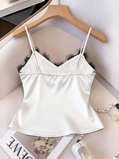 Franclia Sexy Fitted Lace Patchwork Satin Camisole Top, Summer Beach Vacation Casual Travel Chic Vest For Women