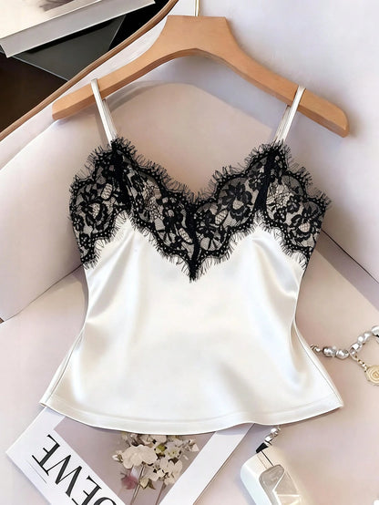 Franclia Sexy Fitted Lace Patchwork Satin Camisole Top, Summer Beach Vacation Casual Travel Chic Vest For Women