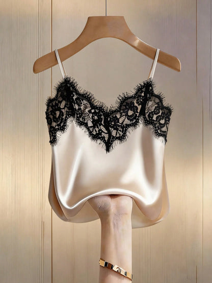 Franclia Sexy Fitted Lace Patchwork Satin Camisole Top, Summer Beach Vacation Casual Travel Chic Vest For Women