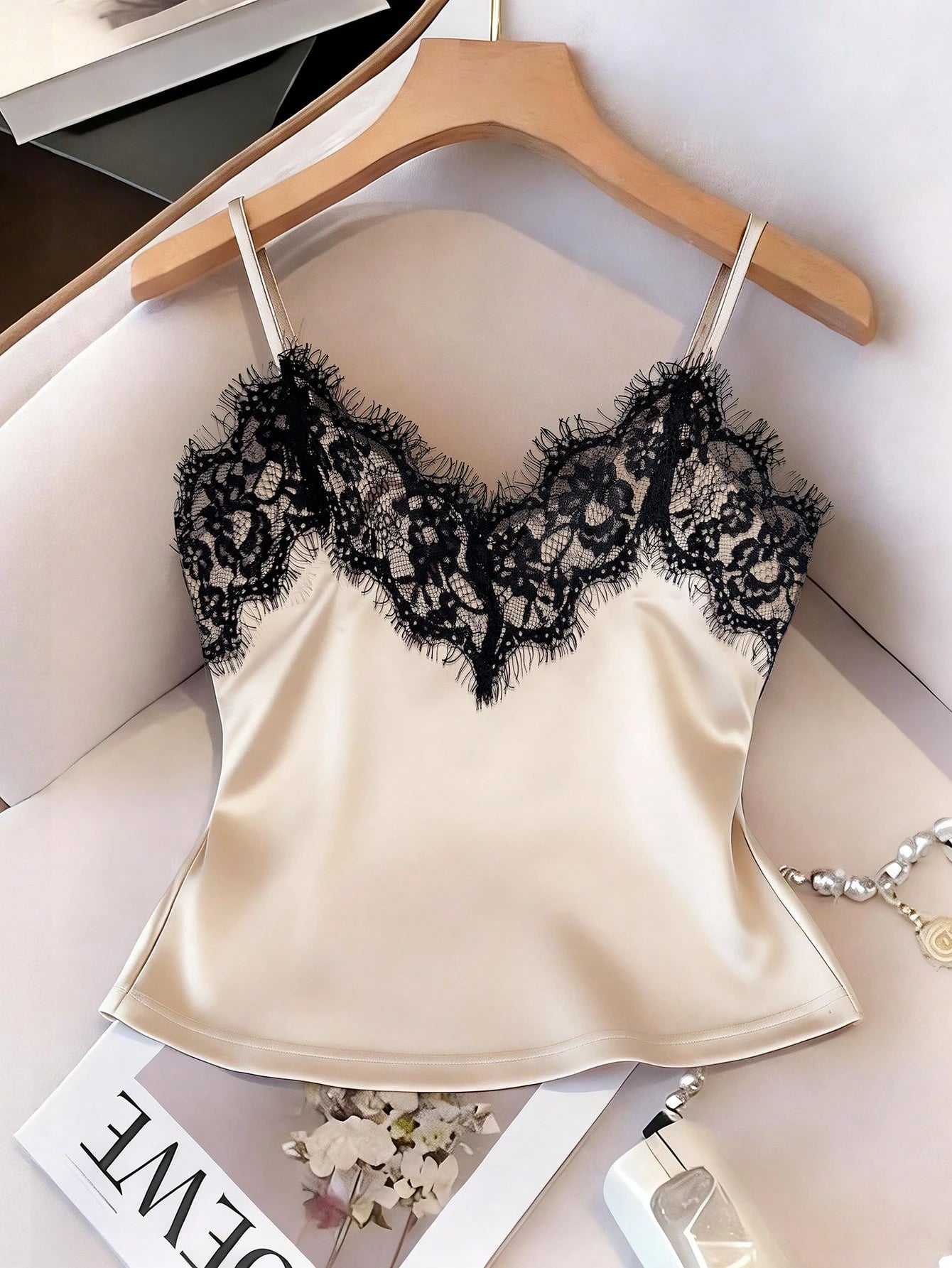 Franclia Sexy Fitted Lace Patchwork Satin Camisole Top, Summer Beach Vacation Casual Travel Chic Vest For Women
