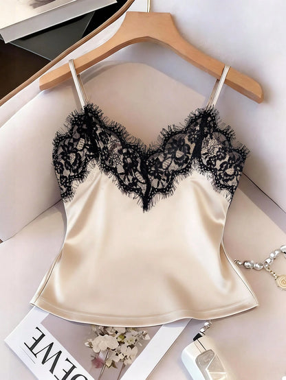 Franclia Sexy Fitted Lace Patchwork Satin Camisole Top, Summer Beach Vacation Casual Travel Chic Vest For Women
