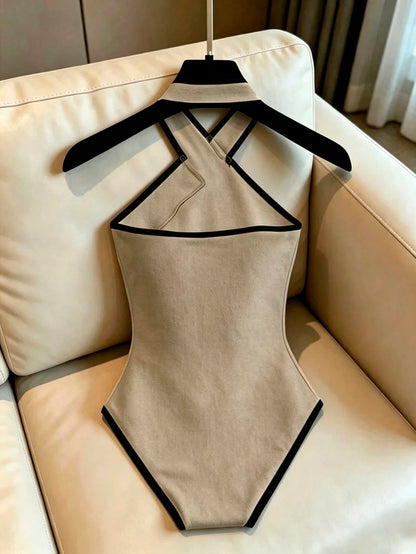 Franclia Women's Contrast Trim Halter Jumpsuit And Shorts Casual Daily Set