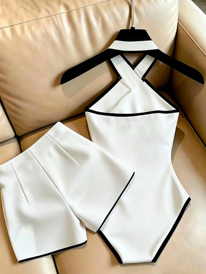 Franclia Women's Contrast Trim Halter Jumpsuit And Shorts Casual Daily Set