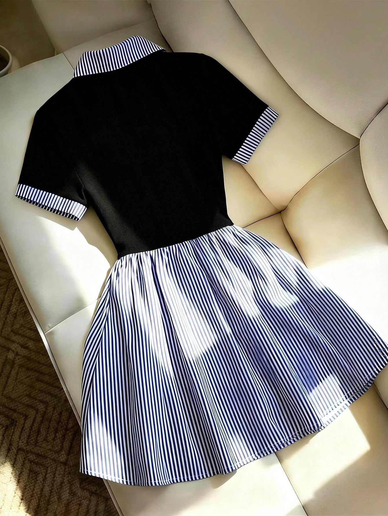Franclia Women's Elegant Black And White Striped Short Sleeve Mini Dress,Summer Casual School Back-To-School Patchwork Ribbed Waist A-Line Shirt Collar Dress