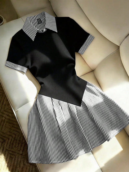 Franclia Women's Elegant Black And White Striped Short Sleeve Mini Dress,Summer Casual School Back-To-School Patchwork Ribbed Waist A-Line Shirt Collar Dress
