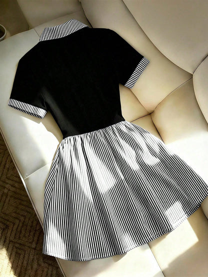 Franclia Women's Elegant Black And White Striped Short Sleeve Mini Dress,Summer Casual School Back-To-School Patchwork Ribbed Waist A-Line Shirt Collar Dress