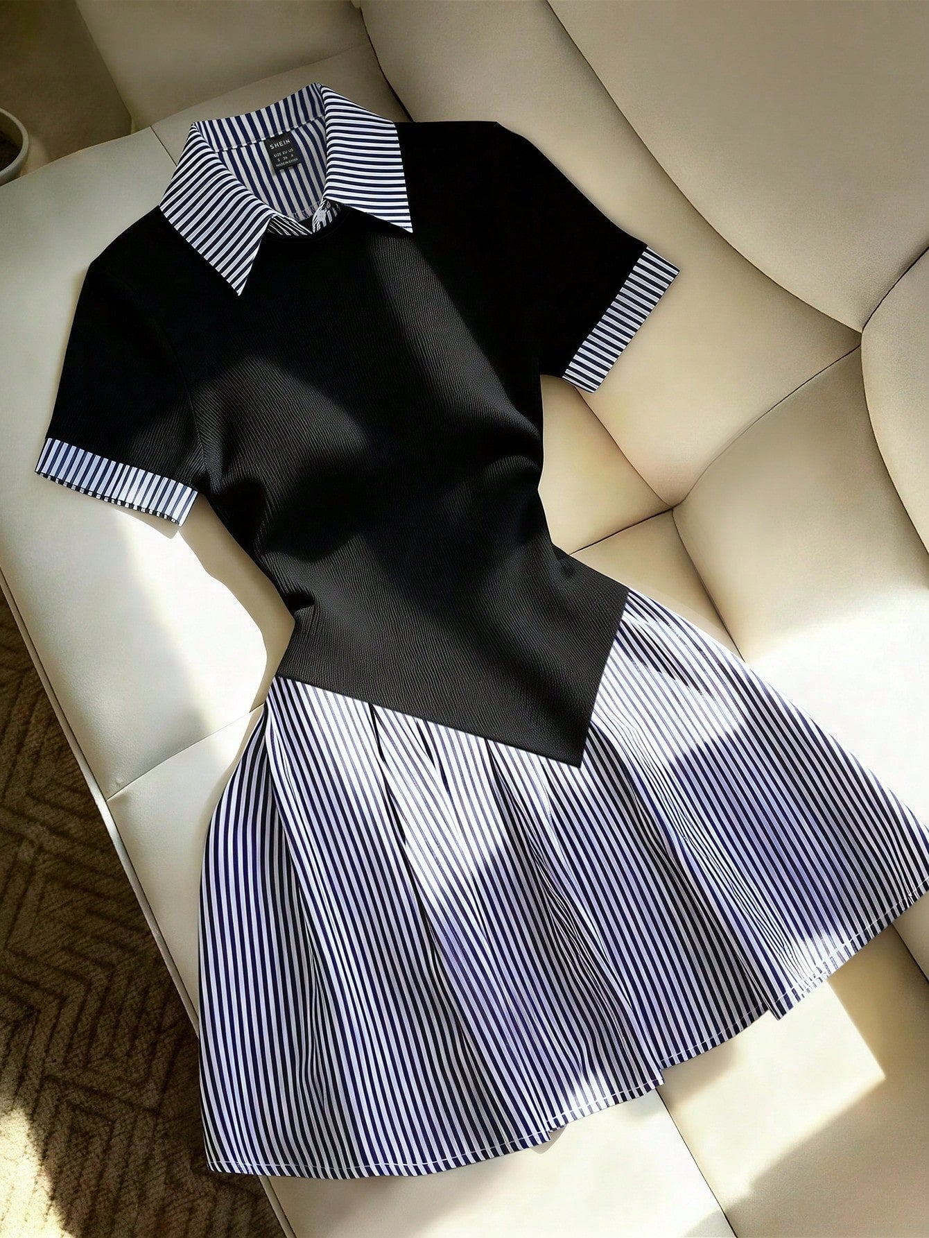 Franclia Women's Elegant Black And White Striped Short Sleeve Mini Dress,Summer Casual School Back-To-School Patchwork Ribbed Waist A-Line Shirt Collar Dress