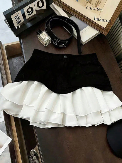 Franclia Women's Elegant Black & White Patchwork Mini Skirt, Spring/Summer