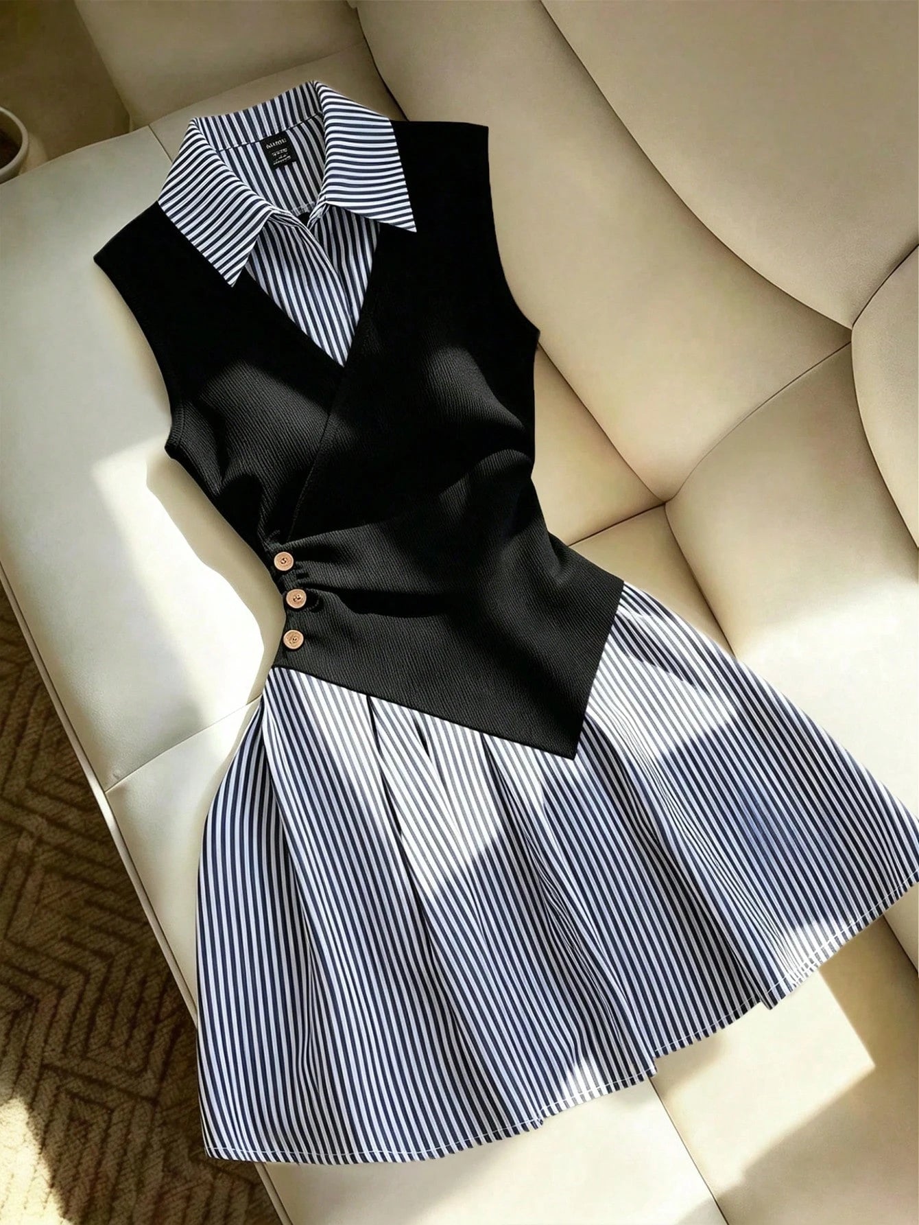 Franclia Women's Elegant Preppy Black And White Striped Dress With Gathered Cuffs, A-Line Silhouette, Loose Fit, Patchwork Design, Back-To-School Summer Office