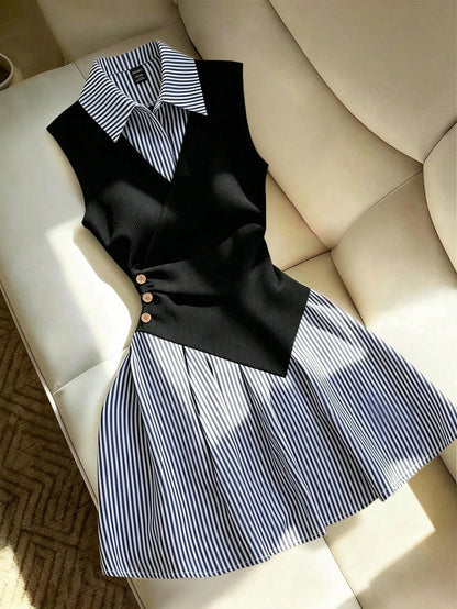 Franclia Women's Elegant Preppy Black And White Striped Dress With Gathered Cuffs, A-Line Silhouette, Loose Fit, Patchwork Design, Back-To-School Summer Office