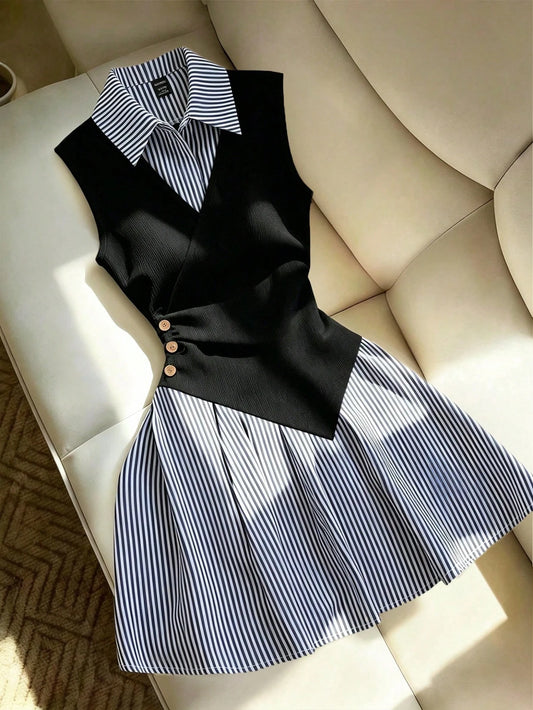 Franclia Women's Elegant Preppy Black And White Striped Dress With Gathered Cuffs, A-Line Silhouette, Loose Fit, Patchwork Design, Back-To-School Summer Office