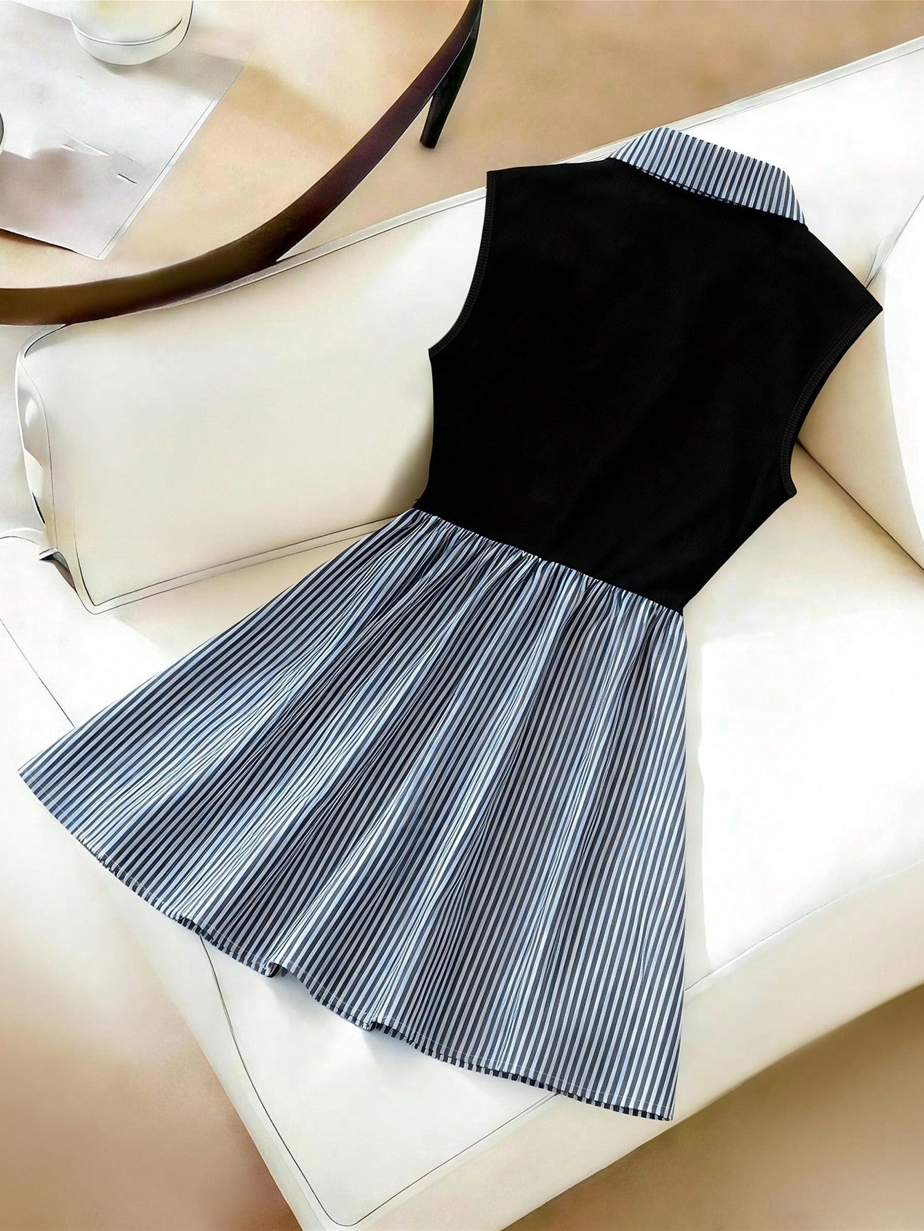 Franclia Women's Elegant Preppy Black And White Striped Dress With Gathered Cuffs, A-Line Silhouette, Loose Fit, Patchwork Design, Back-To-School Summer Office