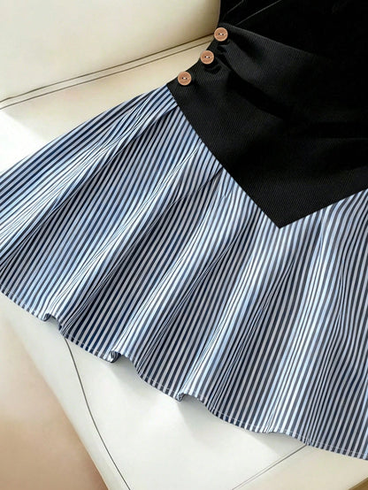 Franclia Women's Elegant Preppy Black And White Striped Dress With Gathered Cuffs, A-Line Silhouette, Loose Fit, Patchwork Design, Back-To-School Summer Office