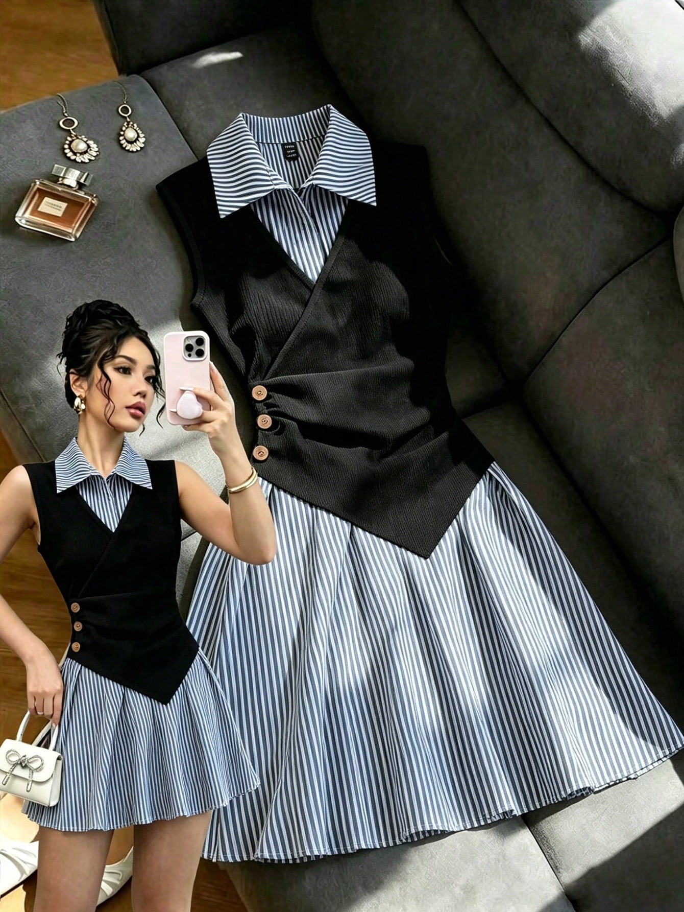 Franclia Women's Elegant Preppy Black And White Striped Dress With Gathered Cuffs, A-Line Silhouette, Loose Fit, Patchwork Design, Back-To-School Summer Office