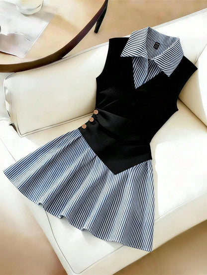 Franclia Women's Elegant Preppy Black And White Striped Dress With Gathered Cuffs, A-Line Silhouette, Loose Fit, Patchwork Design, Back-To-School Summer Office