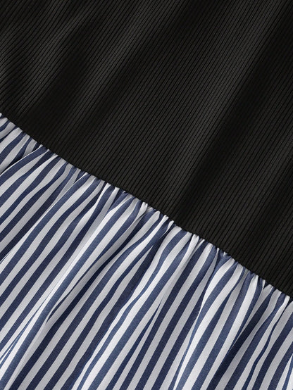 Franclia Women's Elegant Preppy Black And White Striped Dress With Gathered Cuffs, A-Line Silhouette, Loose Fit, Patchwork Design, Back-To-School Summer Office