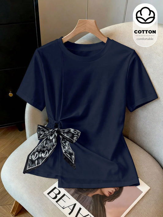 Franclia Women's Navy Blue Floral Silk Scarf Bow Cotton T-Shirt,Summer Casual Brunch Short-Sleeved Round Neck Elegant Waist-Cinching French Style Fashion Top