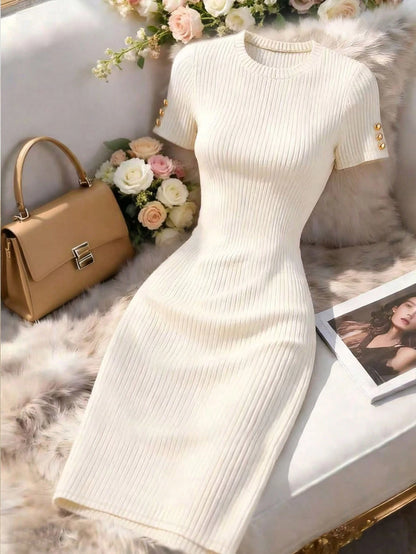 Franclia Women's Solid Color Round Neck Short Sleeve Button Design Fitted Elegant Mini Dress
