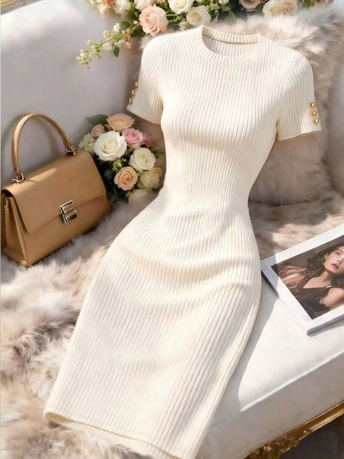 Franclia Women's Solid Color Round Neck Short Sleeve Button Design Fitted Elegant Mini Dress