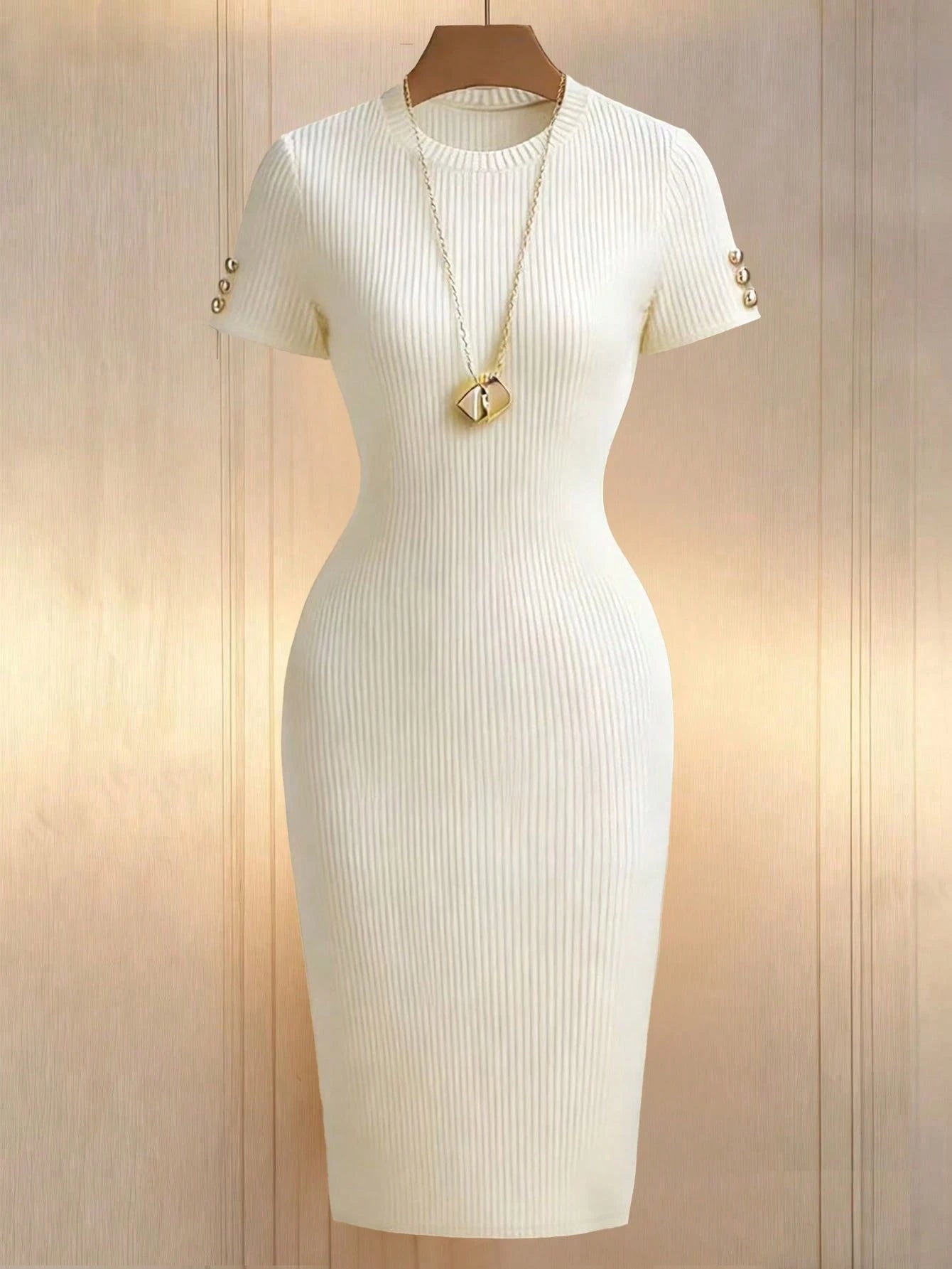 Franclia Women's Solid Color Round Neck Short Sleeve Button Design Fitted Elegant Mini Dress