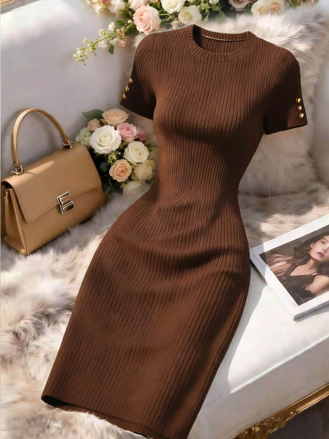 Franclia Women's Solid Color Round Neck Short Sleeve Button Design Fitted Elegant Mini Dress