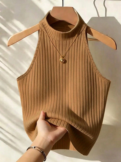 Franclia Women's Solid Color Turtleneck Sleeveless Minimalist Design Ribbed Tank Top