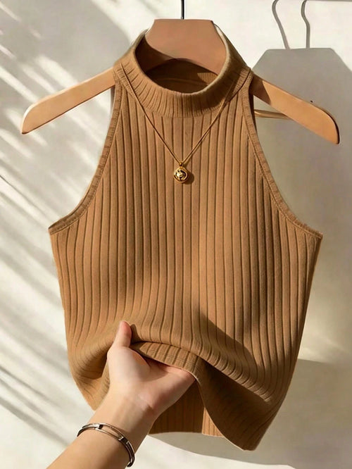 Franclia Women's Solid Color Turtleneck Sleeveless Minimalist Design Ribbed Tank Top