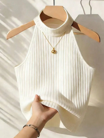 Franclia Women's Solid Color Turtleneck Sleeveless Minimalist Design Ribbed Tank Top