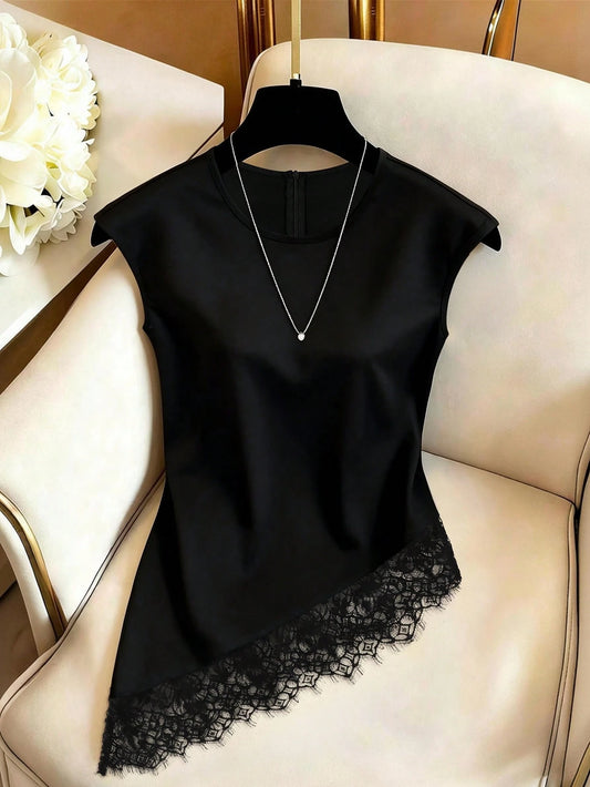 Franclia Women's Summer Lace Trim Asymmetrical Hem Blouse