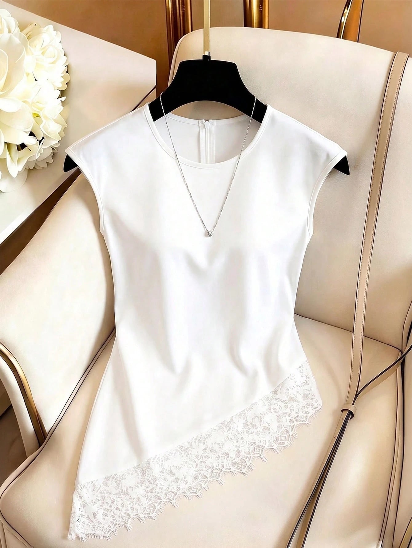 Franclia Women's Summer Lace Trim Asymmetrical Hem Blouse