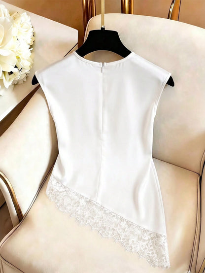 Franclia Women's Summer Lace Trim Asymmetrical Hem Blouse