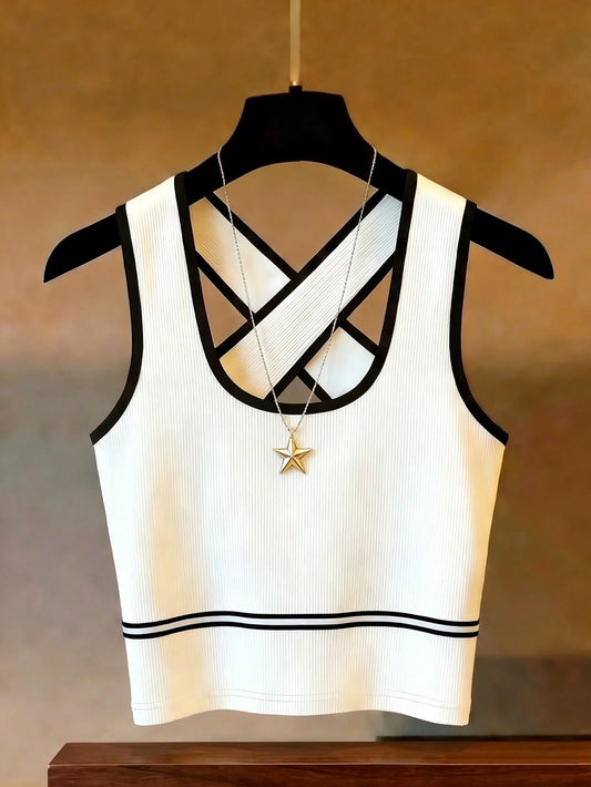 Franclia Women's White And Black Knitted Ribbed Vest,Summer Seksi Chic Crossover Y2K Top For Night Out,Elegant Casual Color Blocking Ribbon Decoration Tank