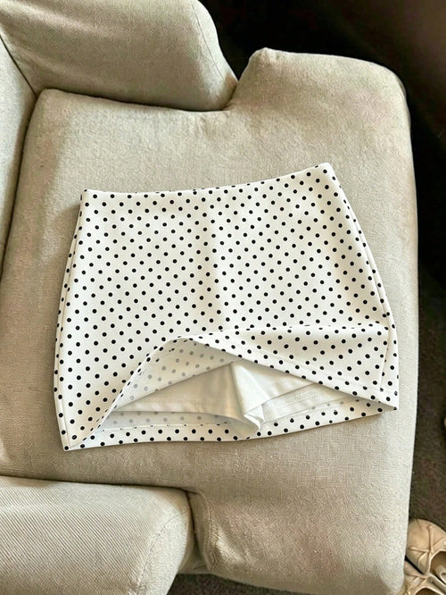 Franclia Women's White Fabric Short Skort With Asymmetrical Polka Dot Design Perfect For Parties