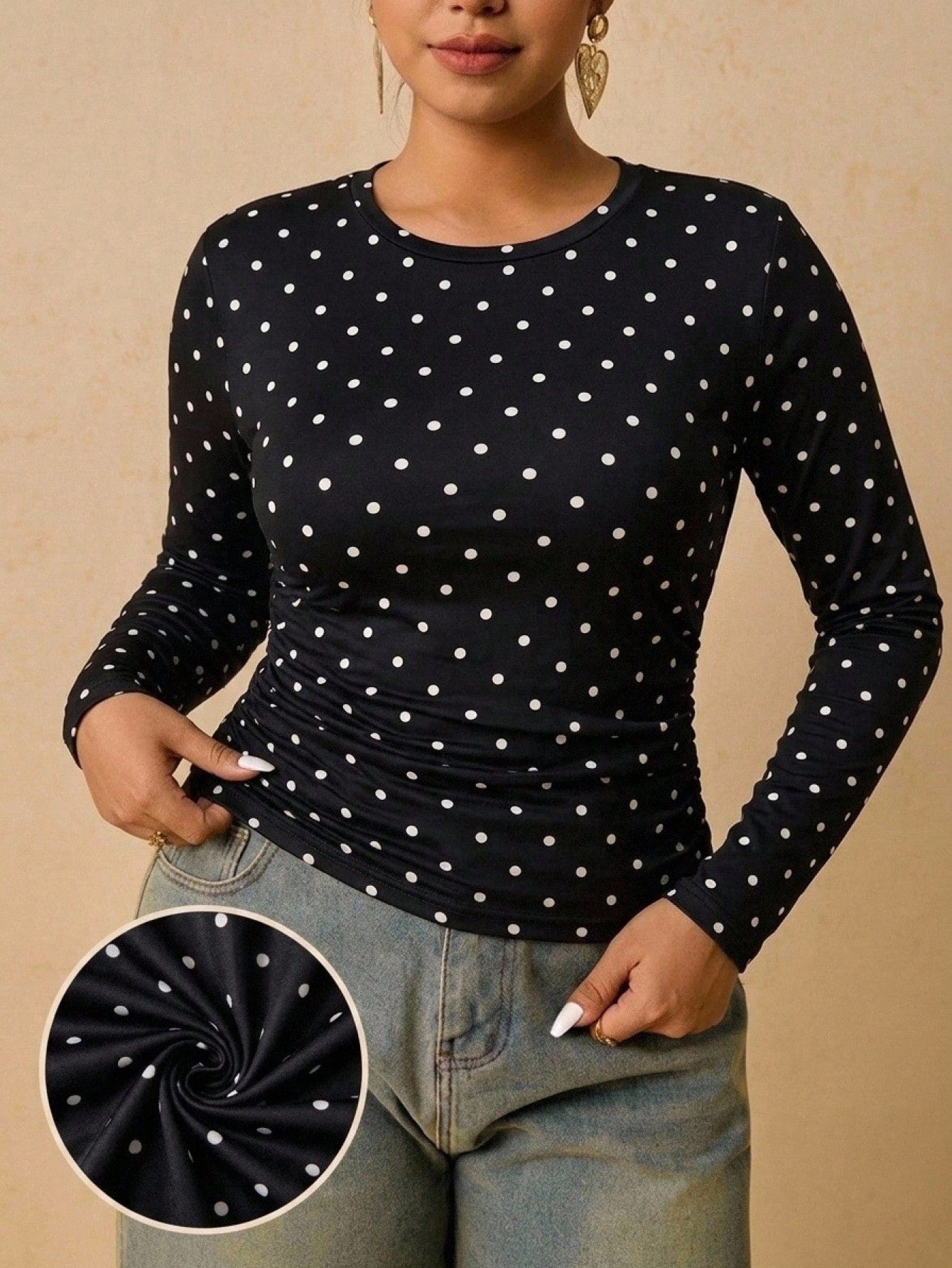 Freevana Casual Vintage Polka Dot Pattern Fabric Plus Size Women's Black T-Shirt, Suitable For Spring And Autumn, Black Top, Undershirt, Outerwear Fall